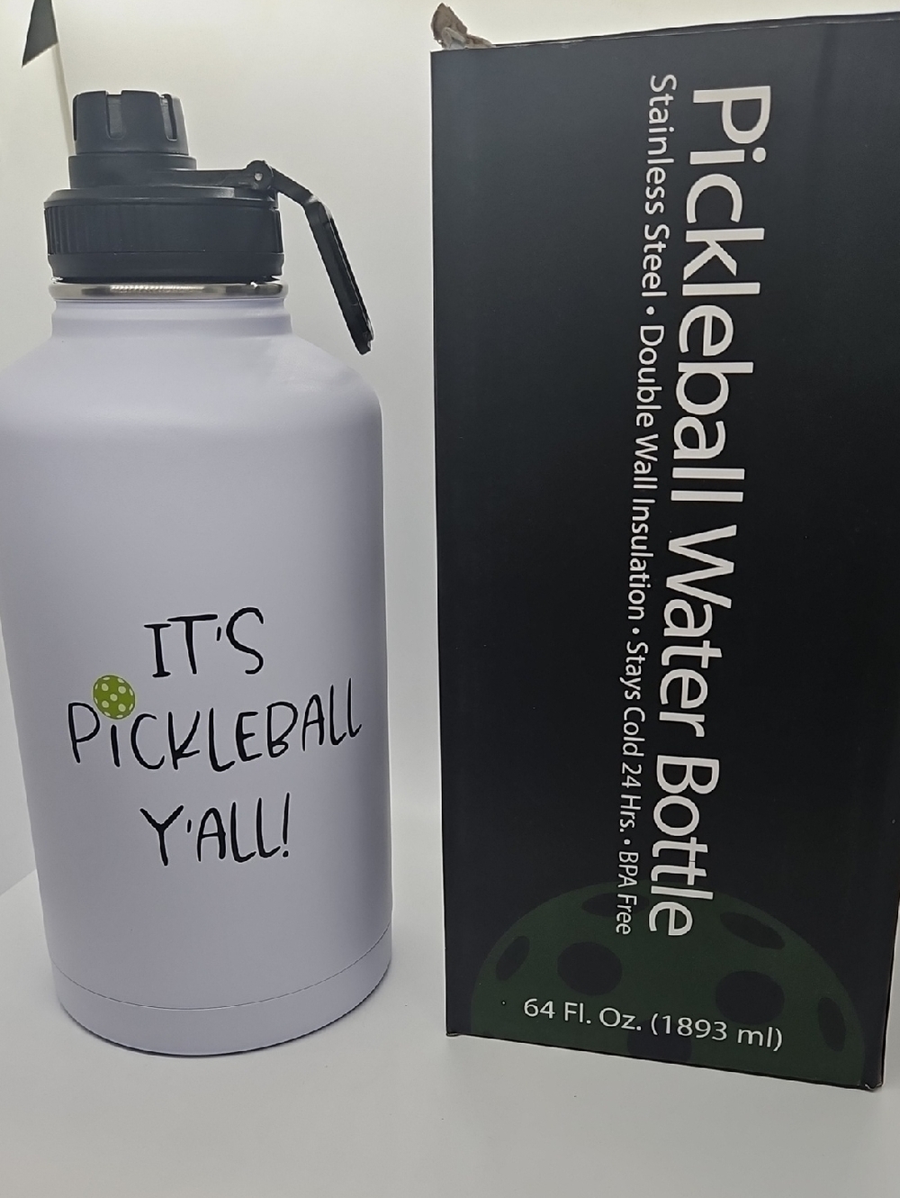 Pickleball Water Bottle - White "It's Pickleball Y'all!" With Box